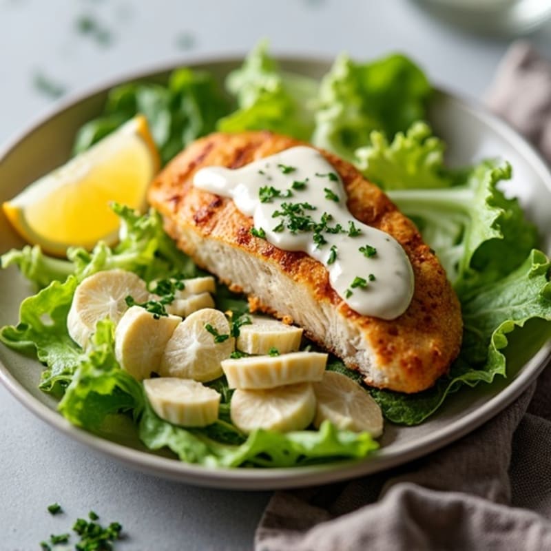 Grilled Chicken with Crispy Romaine and Creamy Lemon-Garlic Dressing