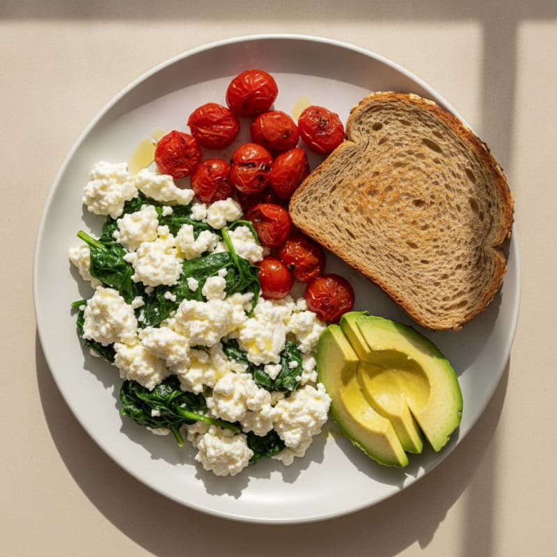 Egg White Spinach Scramble with Cottage Cheese and Cherry Tomatoes