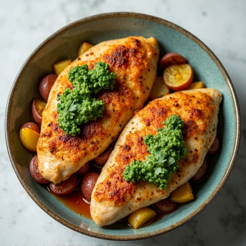 Spiced Chicken and Roasted Potato Bowl with Fresh Cilantro Chutney