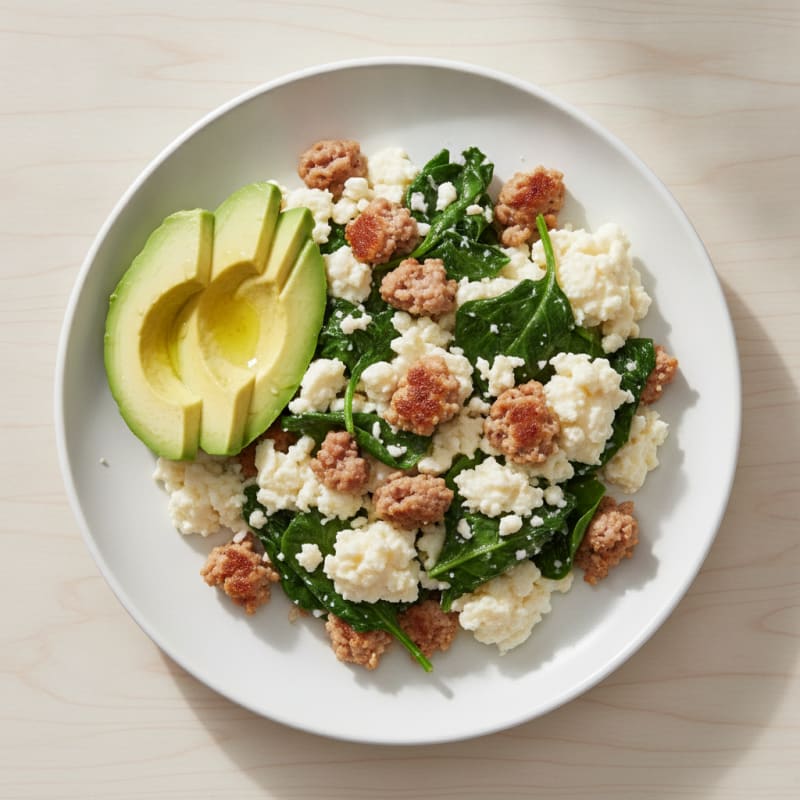 Egg White Scramble with Turkey Sausage and Sautéed Spinach