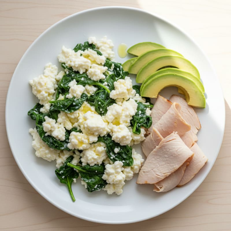 Egg White Spinach Scramble with Cottage Cheese and Sliced Turkey