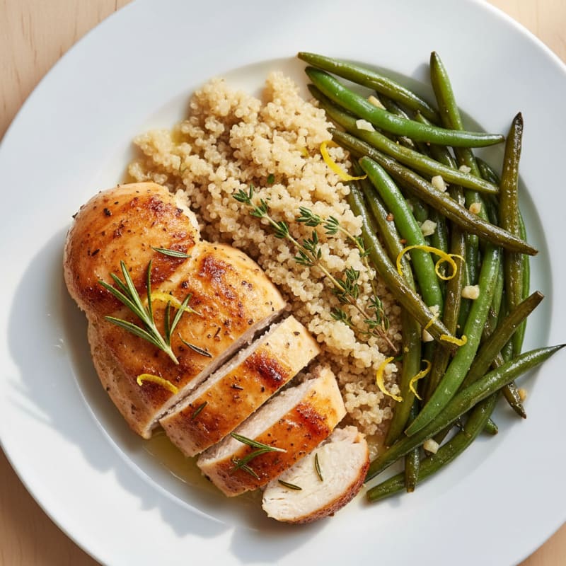 Herb-Roasted Chicken Breast with Sautéed Green Beans and Quinoa