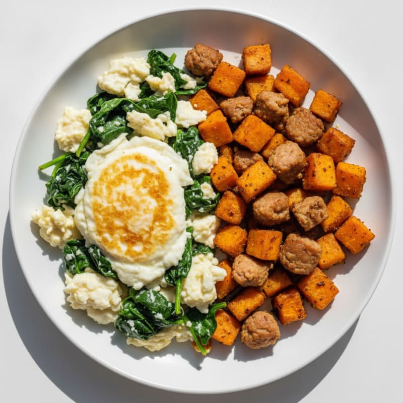 Egg White and Spinach Scramble with Turkey Sausage and Sweet Potato Hash