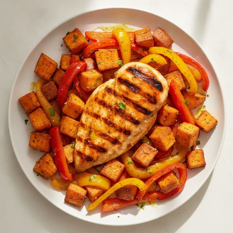 Chili-Lime Chicken with Roasted Sweet Potatoes and Bell Peppers