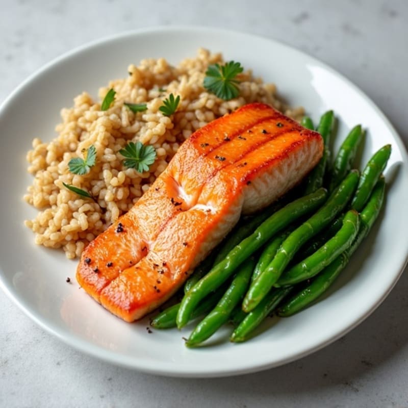 Seared Salmon with Steamed Green Beans and Brown Rice