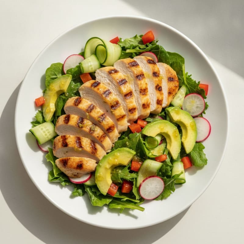 Grilled Chicken and Avocado Salad with Crunchy Vegetables
