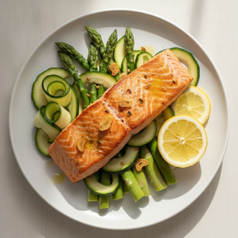 Seared Salmon with Steamed Asparagus and Zucchini Ribbons