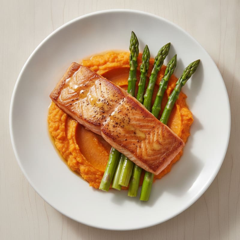 Seared Salmon with Steamed Asparagus and Sweet Potato Mash
