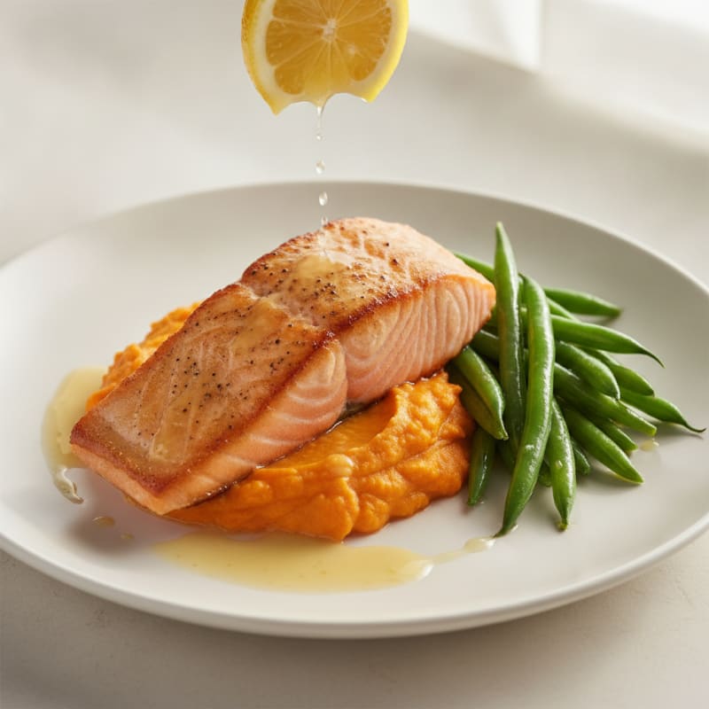 Seared Salmon with Steamed Green Beans and Sweet Potato Mash