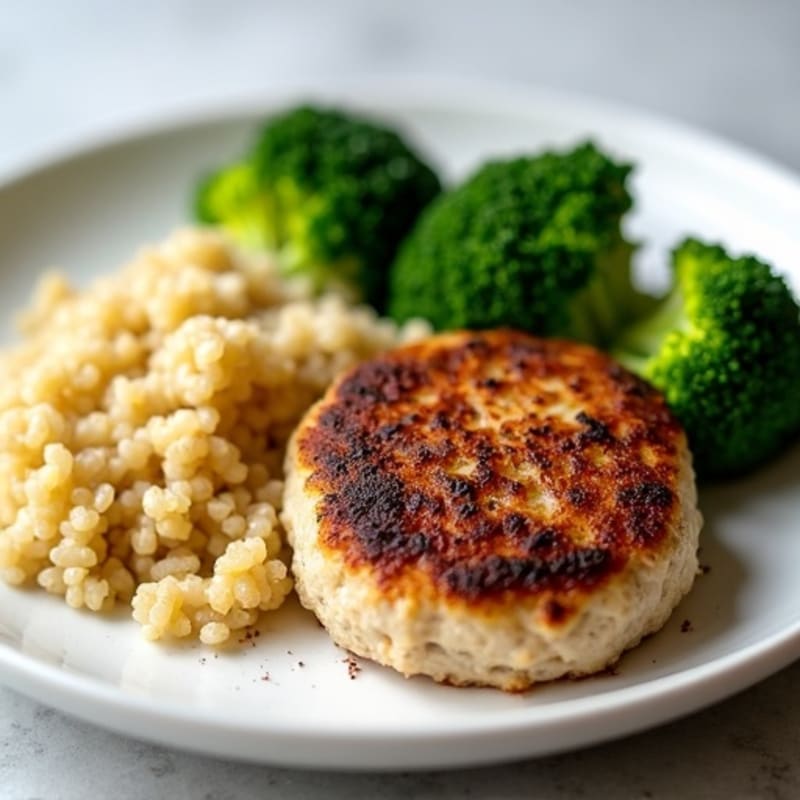 Seared Turkey Patties with Roasted Broccoli and Quinoa