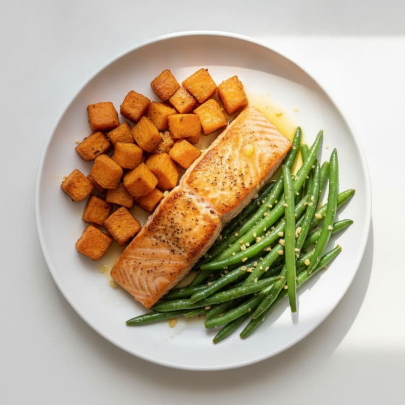 Seared Salmon Fillet with Roasted Sweet Potato and Green Beans