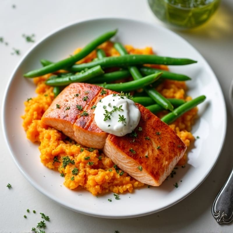 Seared Salmon with Garlic Green Beans and Sweet Potato Mash