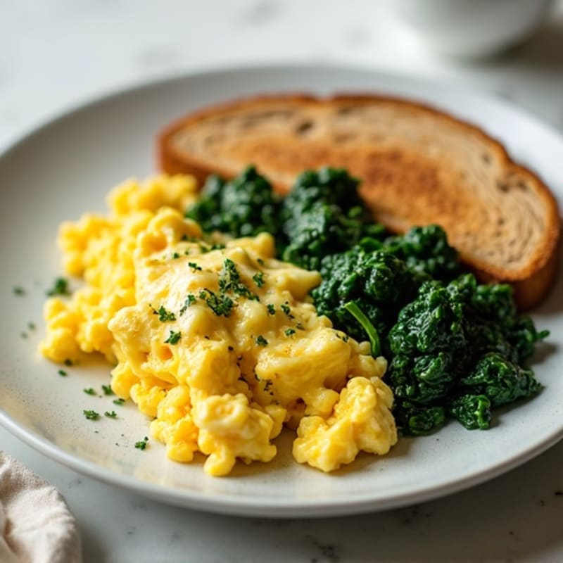 Scrambled Eggs with Cottage Cheese and Sautéed Spinach