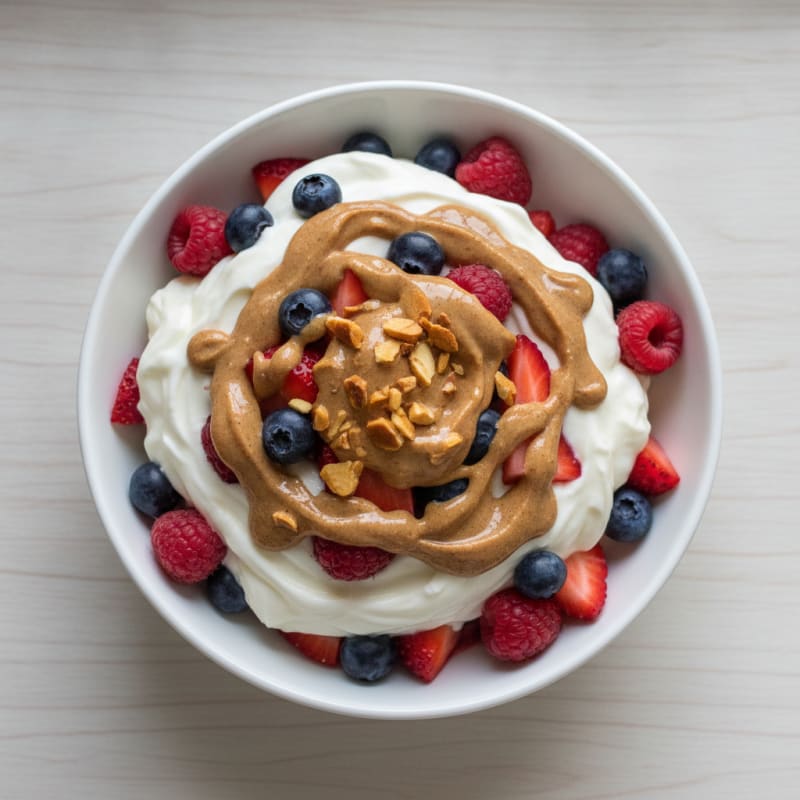 Vanilla Protein Yogurt Parfait with Mixed Berries and Almond Butter