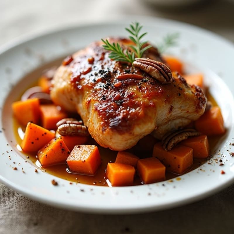 Sticky Maple-Glazed Chicken Thighs with Crispy Roasted Sweet Potatoes and Pecans