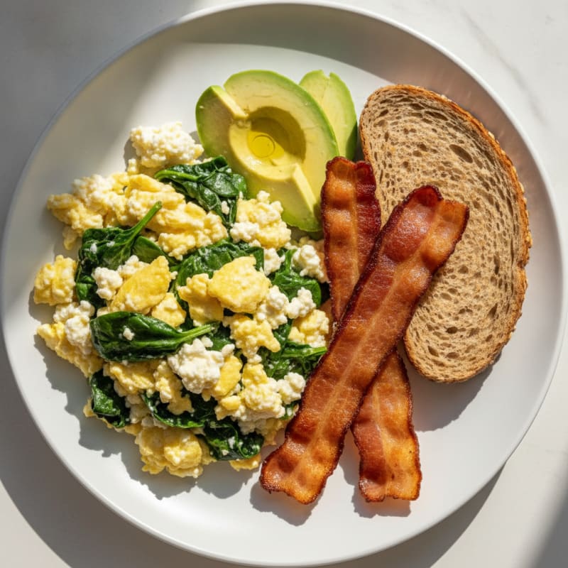 Cottage Cheese Scramble with Spinach and Turkey Bacon
