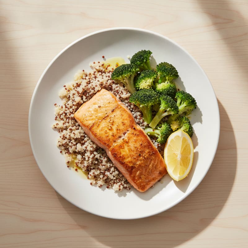 Seared Salmon with Steamed Broccoli and Quinoa