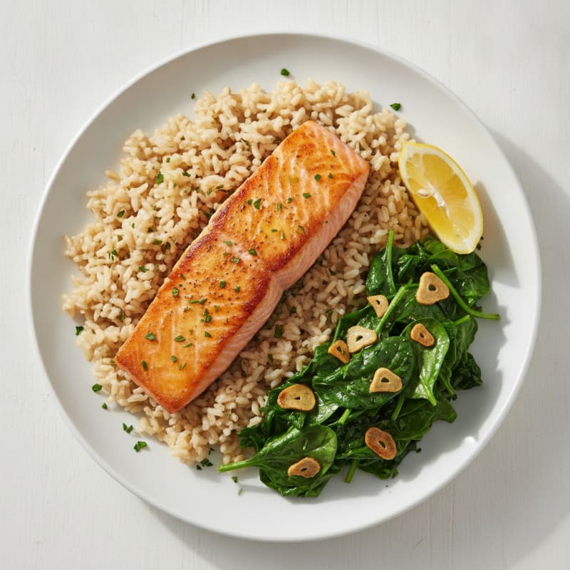 Seared Salmon Fillet with Garlic Spinach and Brown Rice