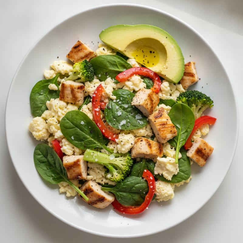 Egg White Veggie Scramble with Spinach, Broccoli, and Grilled Chicken