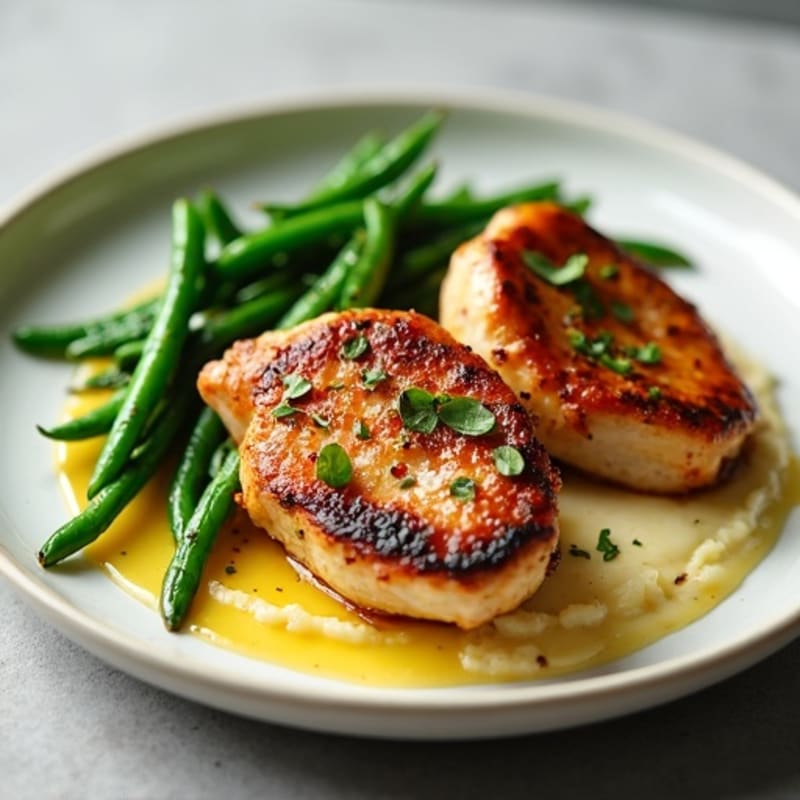 Seared Chicken Thighs with Garlic Green Beans and Cauliflower Mash