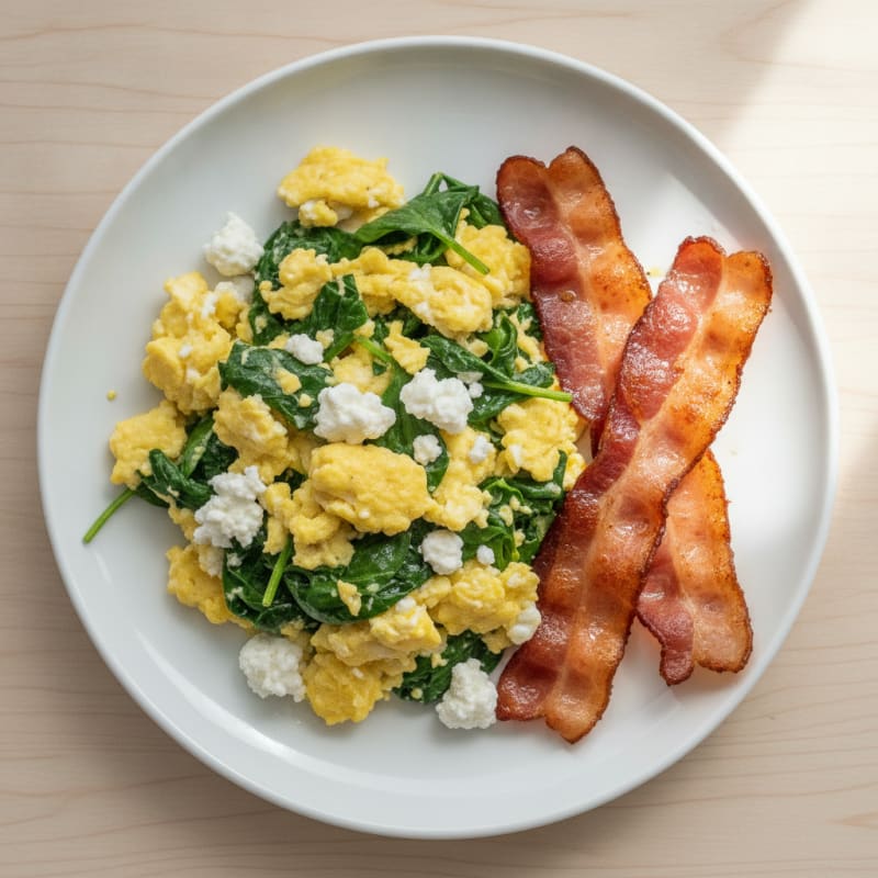 Cottage Cheese Egg Scramble with Spinach and Turkey Bacon