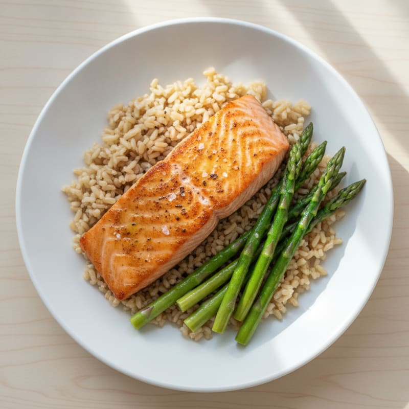 Seared Salmon Fillet with Steamed Asparagus and Brown Rice