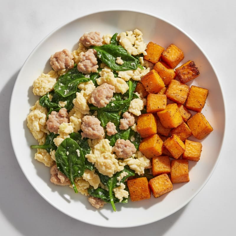 Egg White and Turkey Sausage Scramble with Spinach and Roasted Sweet Potatoes