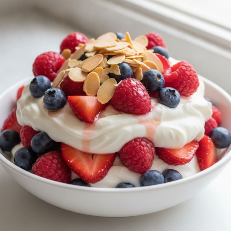 Greek Yogurt Protein Parfait with Mixed Berries and Almonds