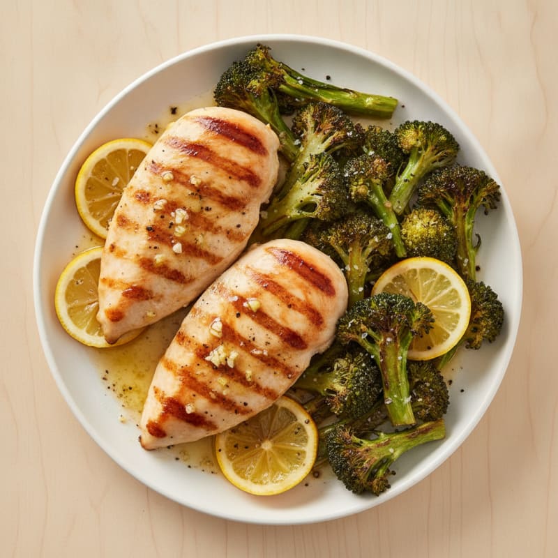 Grilled Chicken Breast with Roasted Broccoli and Lemon