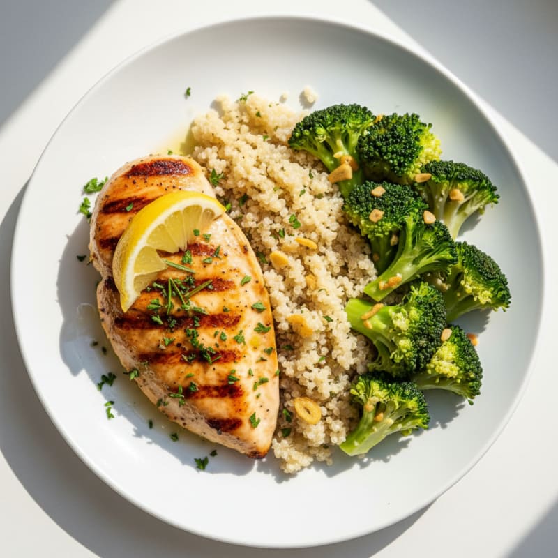 Grilled Chicken Breast with Steamed Broccoli and Quinoa