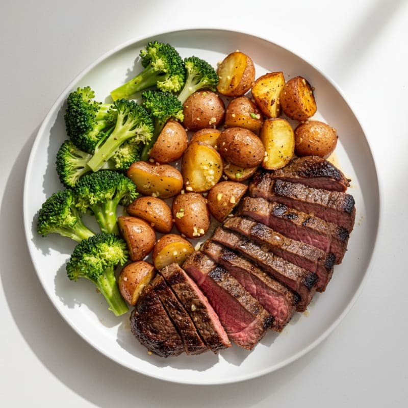 Seared Sirloin Steak with Roasted Garlic Potatoes and Steamed Broccoli