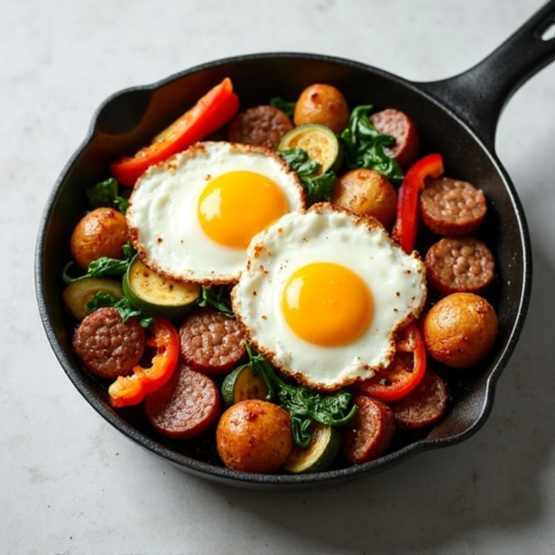 Crispy Potato and Egg Skillet with Lean Sausage and Roasted Vegetables