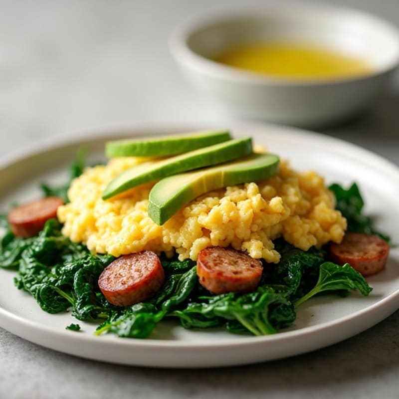 Egg White and Turkey Sausage Scramble with Sautéed Spinach