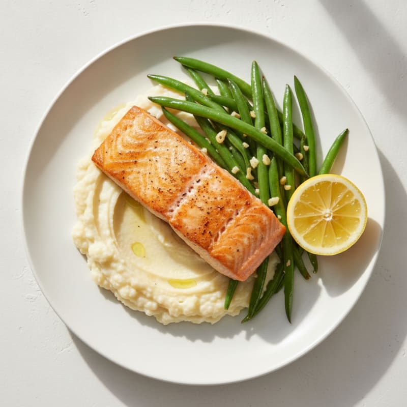 Seared Salmon Filet with Garlic Green Beans and Cauliflower Mash