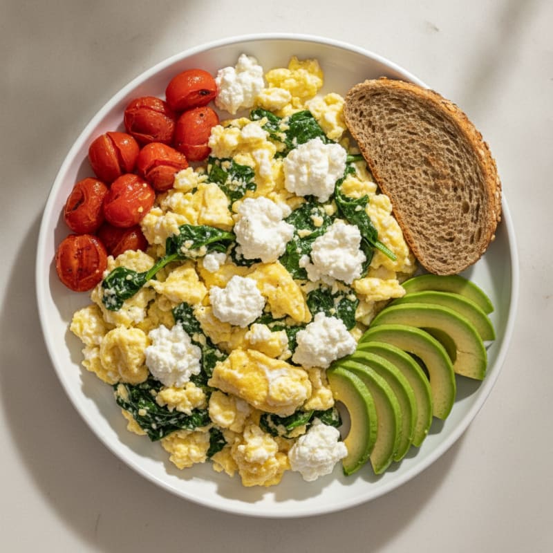 Egg White and Spinach Scramble with Cottage Cheese and Cherry Tomatoes