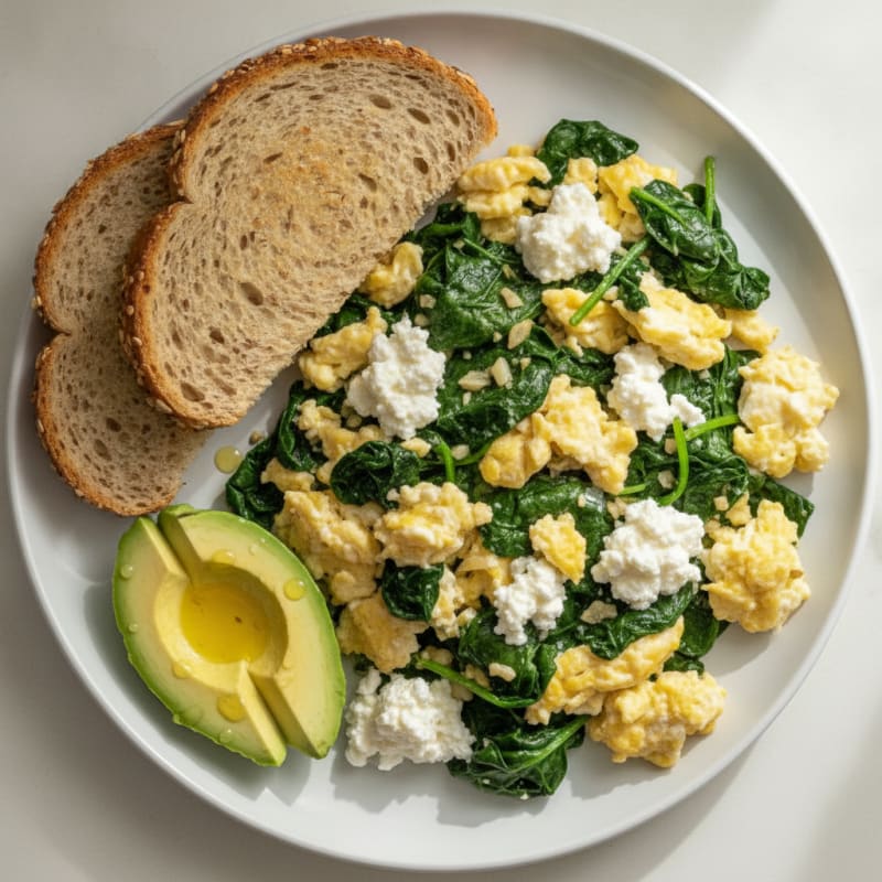 Scrambled Eggs with Cottage Cheese and Sautéed Spinach