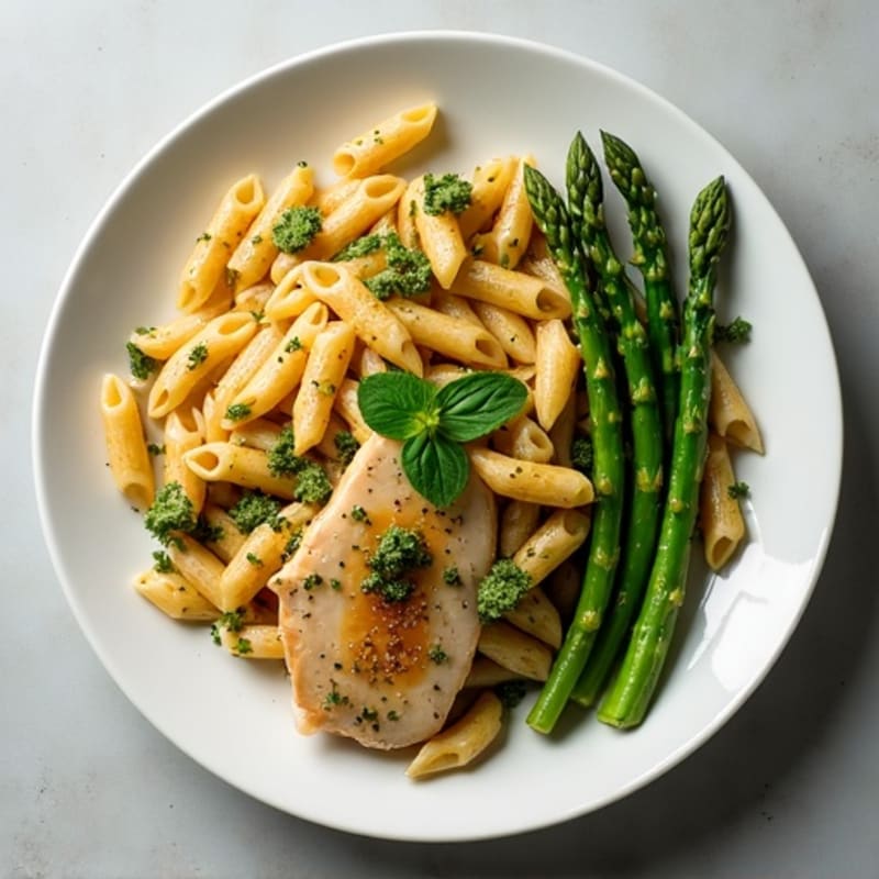 Chicken Pesto Pasta with Roasted Asparagus