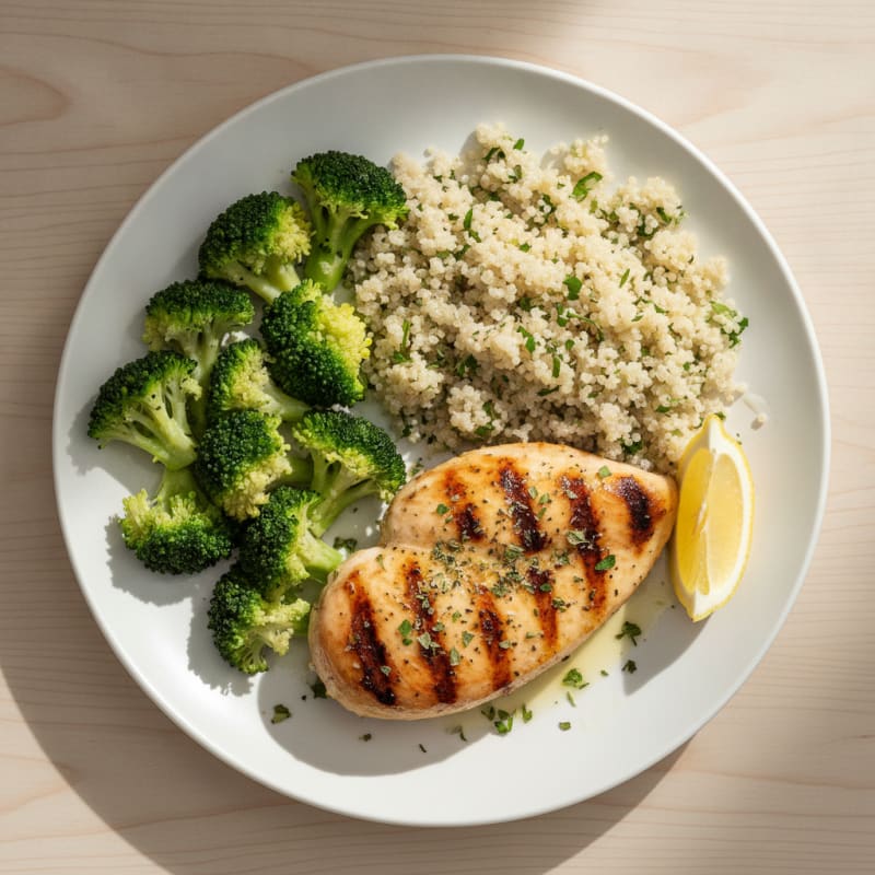 Grilled Chicken Breast with Quinoa and Steamed Broccoli