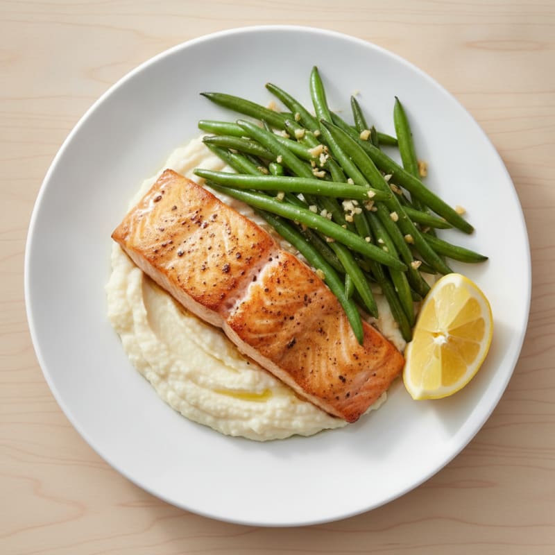 Seared Salmon with Garlic Green Beans and Cauliflower Mash