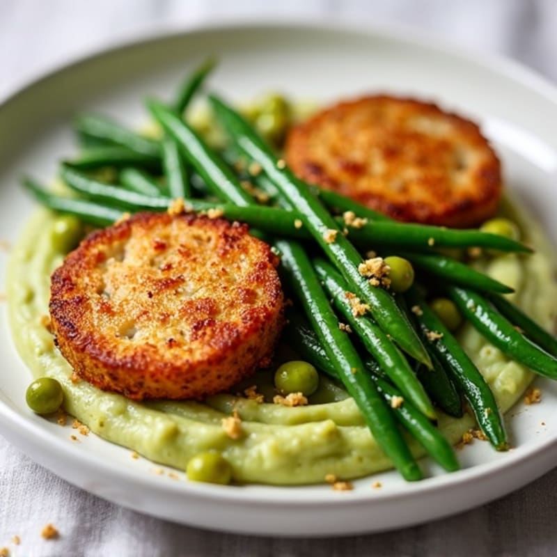 Crispy Tempeh with Garlic Green Beans and Edamame Mash