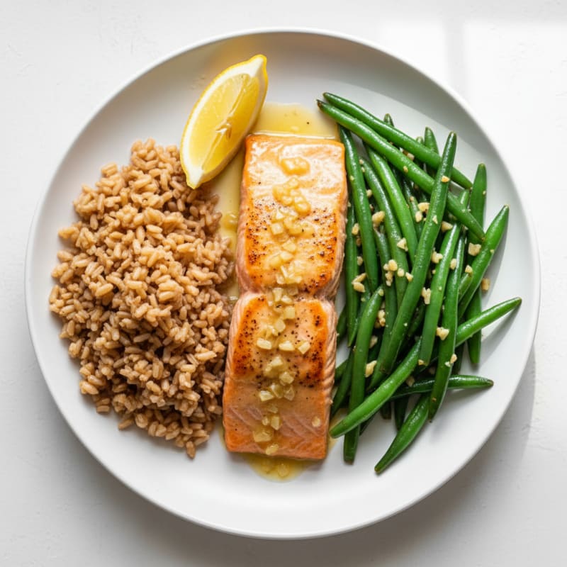 Seared Salmon Fillet with Garlic Green Beans and Brown Rice
