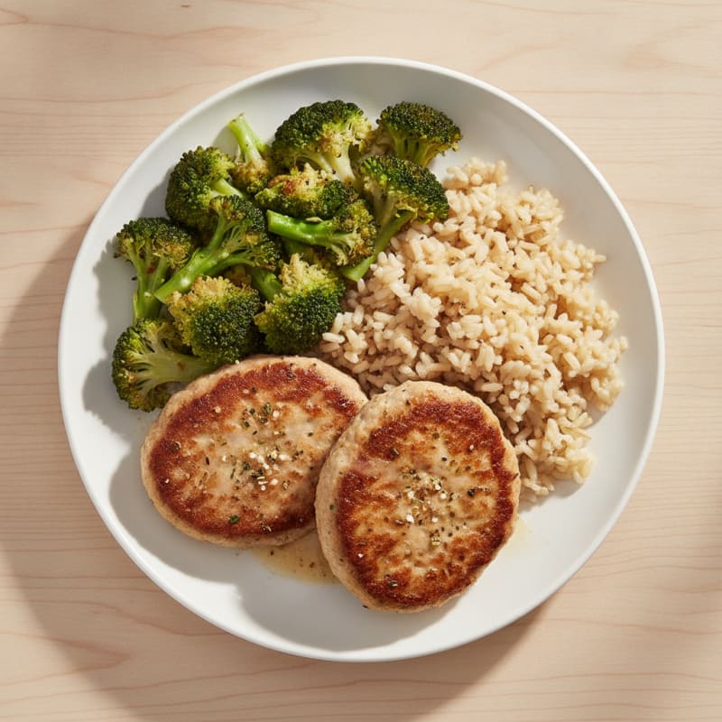 Seared Turkey Patties with Steamed Broccoli and Brown Rice