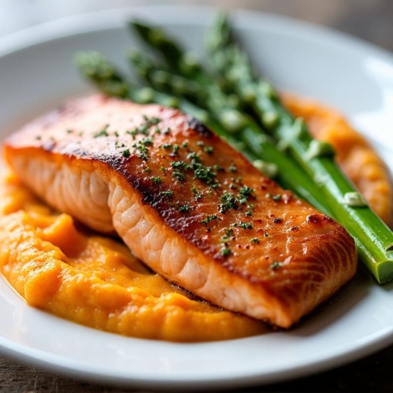 Seared Salmon with Roasted Asparagus and Sweet Potato Mash
