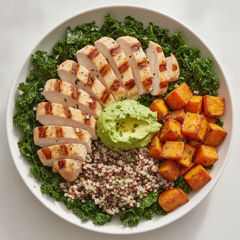 Grilled Chicken and Quinoa Power Bowl with Roasted Sweet Potatoes and Avocado