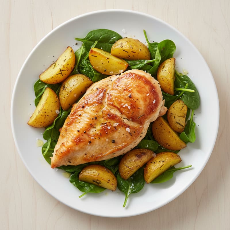 Crispy Roasted Chicken and Potatoes with Spinach