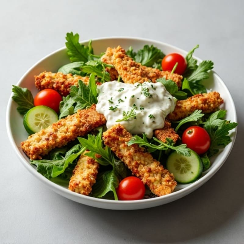 Crispy Seitan and Tempeh Salad with Fresh Greens and Herb Cottage Cheese Dressing