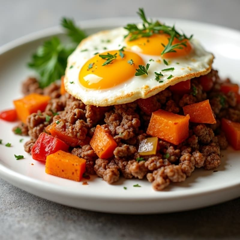 Savory Lean Ground Beef and Roasted Sweet Potato Hash