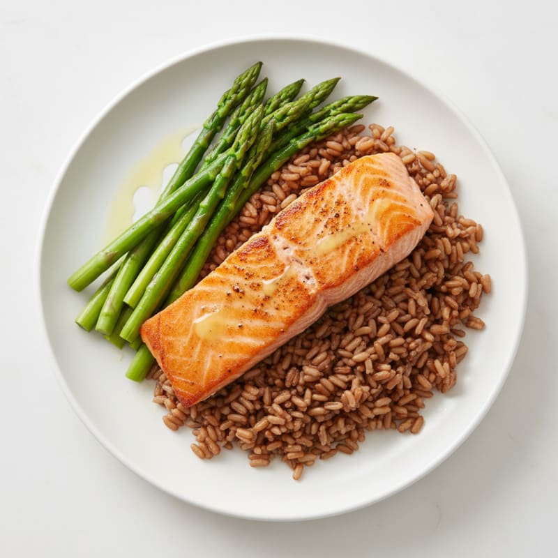 Seared Salmon Filet with Steamed Asparagus and Brown Rice