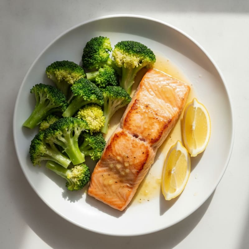Seared Salmon with Steamed Broccoli and Lemon