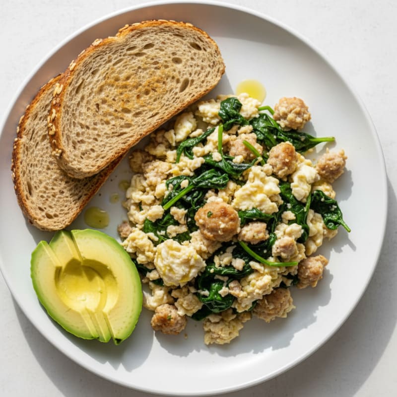Egg White Scramble with Turkey Sausage and Spinach